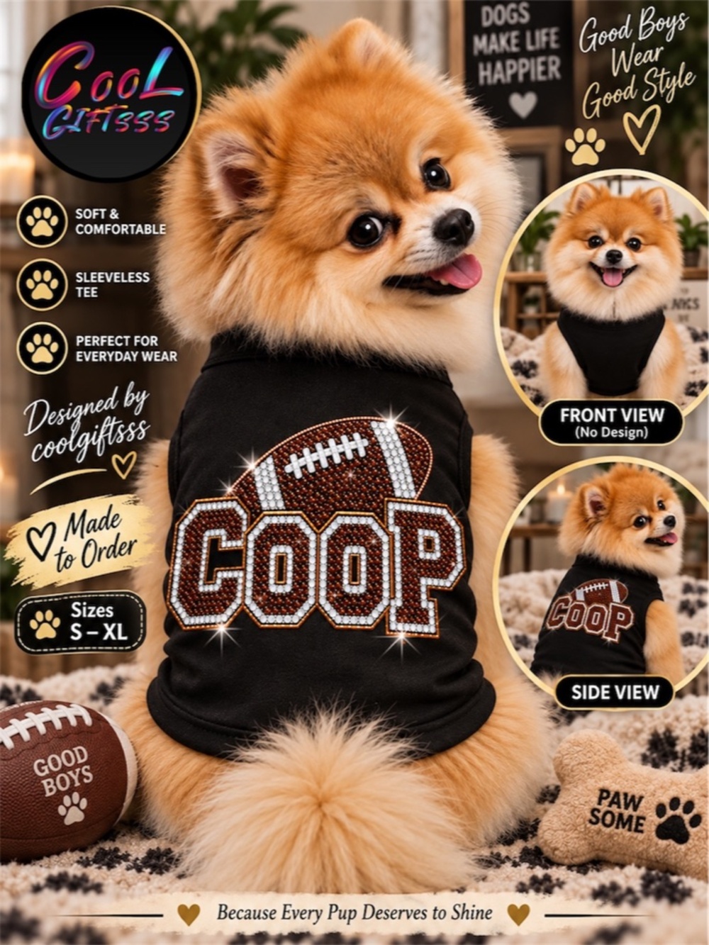 Personalized Dog Football Tees Pet Name Faux Rhinestone Shirt S M L XL